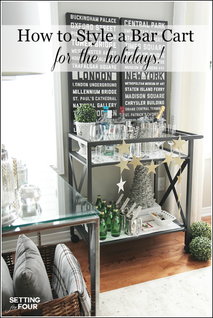 Looking for ways to style your bar cart for Christmas? See my 8 decorating tips on How To Style A Bar Cart For The holidays! Including festive ideas for bar ware, glassware, alcoholic and non alcoholic beverages and decor too!