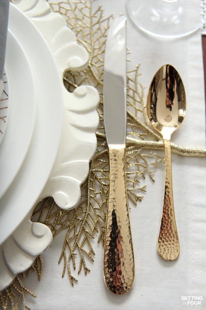 Holiday Home Decor Ideas: See this design blogger's elegant HOLIDAY CHIC gold and white table setting and an exciting Mikasa Dinnerware Giveaway - sponsored - to win one 16 piece dinnerware set!