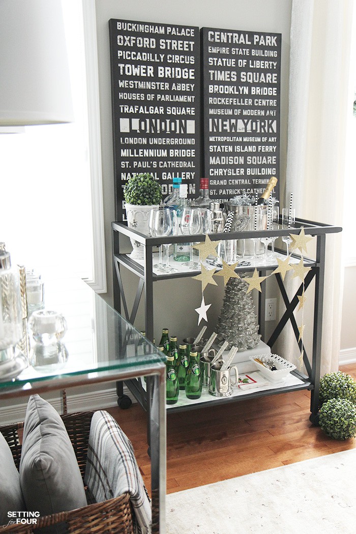 Looking for ways to style your bar cart for Christmas? See my 8 decorating tips on How To Style A Bar Cart For The holidays! Including ideas for bar ware, glassware, alcoholic and non alcoholic beverages and decor too!