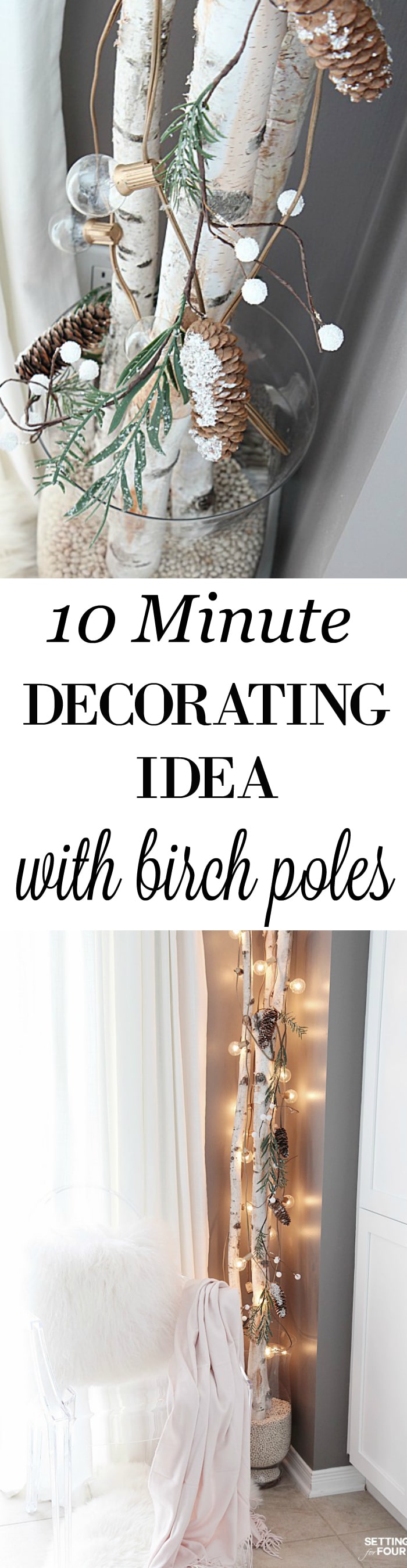 See this quick 10 Minute Winter Decorating Birch Branches Idea! Beautiful birch tree logs in a vase draped with gold globe lights will brighten gloomy winter days and is a great way to decorate a small space in your home! Perfect for a tiny house, apartments and condos!