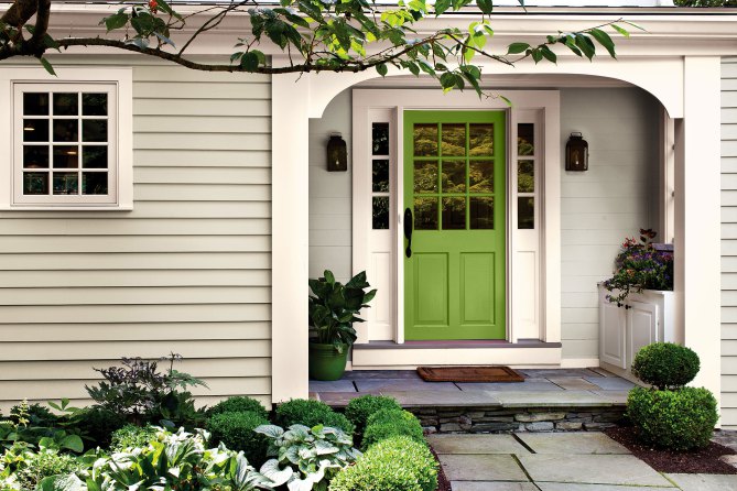 Front door painted in Pantone Color of the Year Greenery