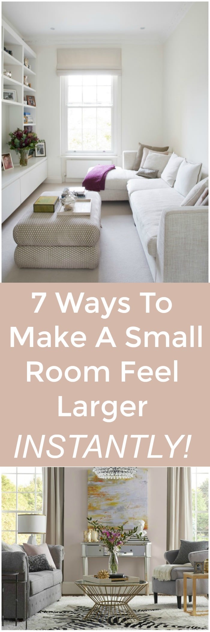 Are you living in a smaller home, condo or apartment? Feeling cramped in that small room you have? Learn 7 Ways To Make A Small Room Feel Larger Instantly! Create a feeling of brightness and visually expand your rooms with these design tips; by using lighting, mirrors and decor in strategic ways. Read my tips on how to banish that cramped , cave-like feeling and get the spaciousness you crave! 