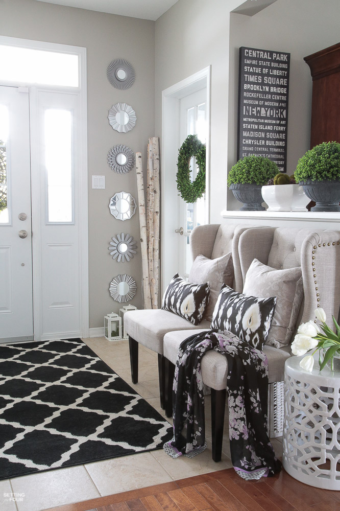 Spring Home Tour! See this beautiful foyer decorated for spring. Get the look and see the shopping sources and design ideas.