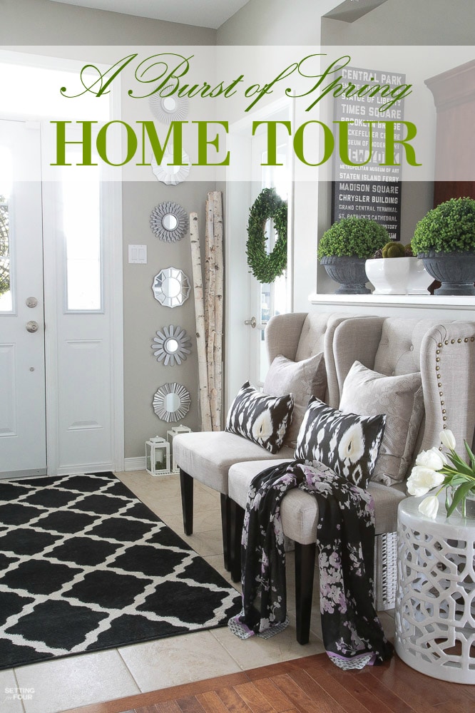 Come see my 'BURST OF SPRING' Home Tour! Loads of fresh spring decor ideas for your home using boxwood, tulips, springtime color and fabrics! Lots of Spring home design and decor inspiration in this Spring foyer: Spring wreath, tulip arrangements, blush pink pillows.