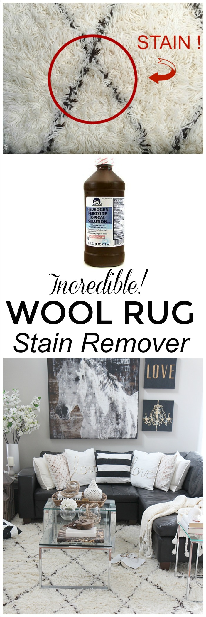 This is INCREDIBLE! See how I removed a stubborn tea stain out of our wool Moroccan shag area rug using hydrogen peroxide. This cleaning tip completely removed the stain and didn't discolor our carpet!