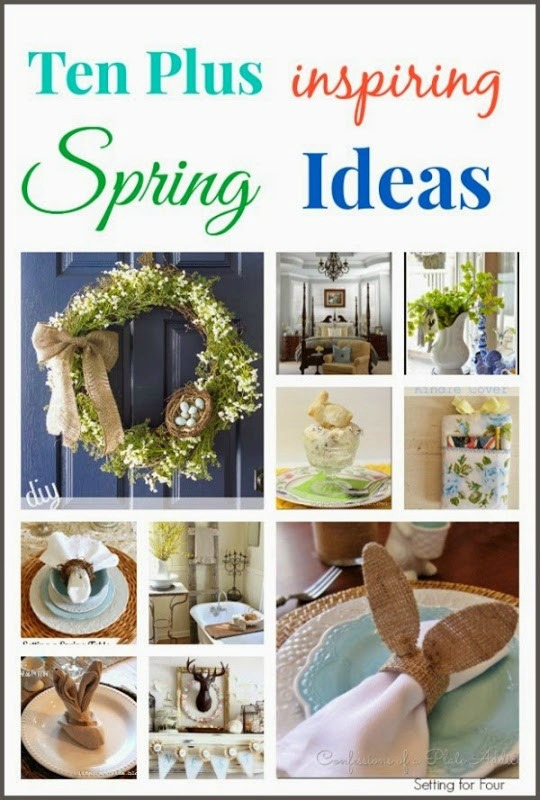 Ten Plus Inspiring Spring and Easter decor ideas! I love this gorgeous Spring wreath, bunny napkin fold and DIY rabbit napkin ring!