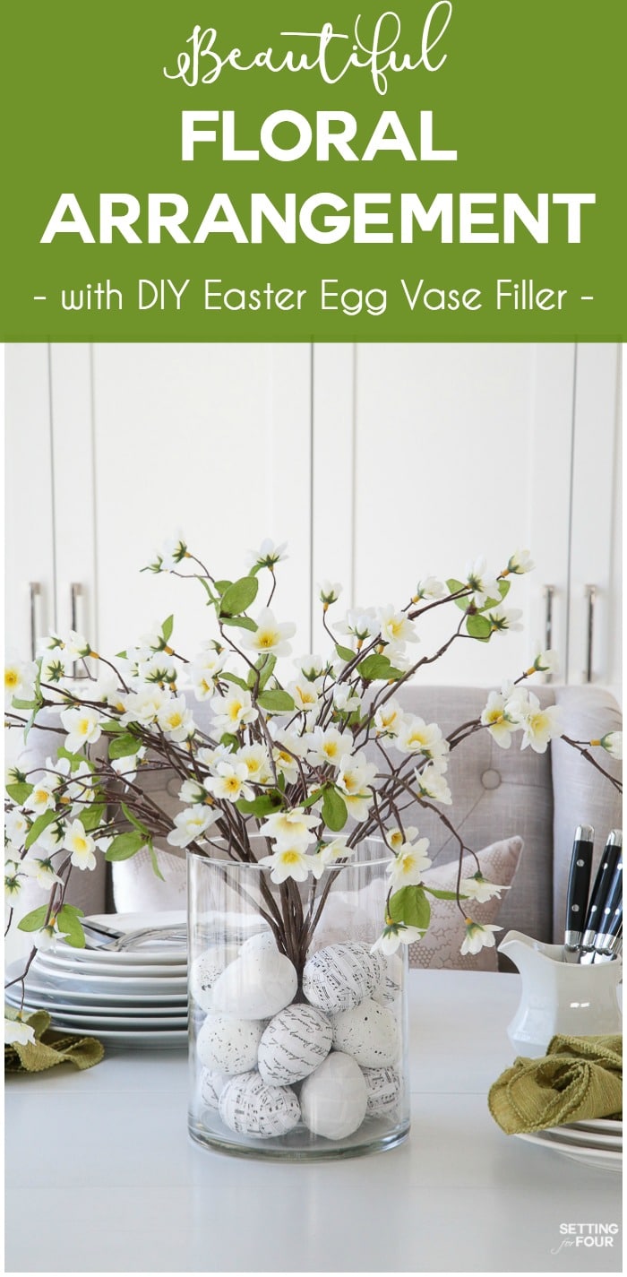 Learn how to make this GORGEOUS quick 10 minute floral arrangement with DIY Easter Egg vase filler! So pretty for a Spring and Easter dining table, kitchen island or coffee table vignette.