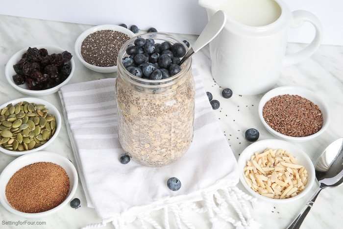 Healthy chia seed overnight oats recipe and delicious topping ideas. Make ahead breakfast idea! #ad