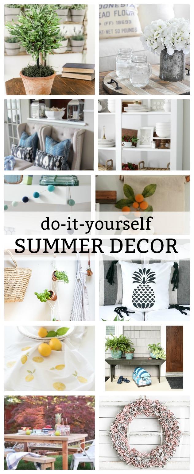 See how to make these 12 Beautiful DIY Summer Decor Ideas to freshen up your home for summer! Decorating ideas including a summer pillow, centerpieces, wreath, furniture, tea towel, art, tray and garland projects.