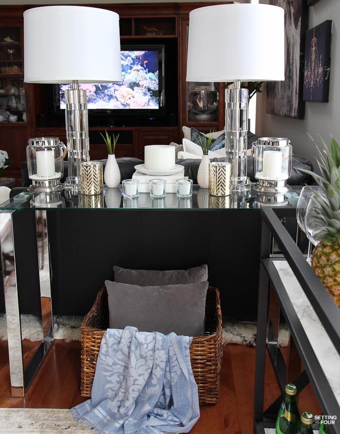 Summer home tour and summer decorating ideas. Console table decor with crystal lamps and candles.