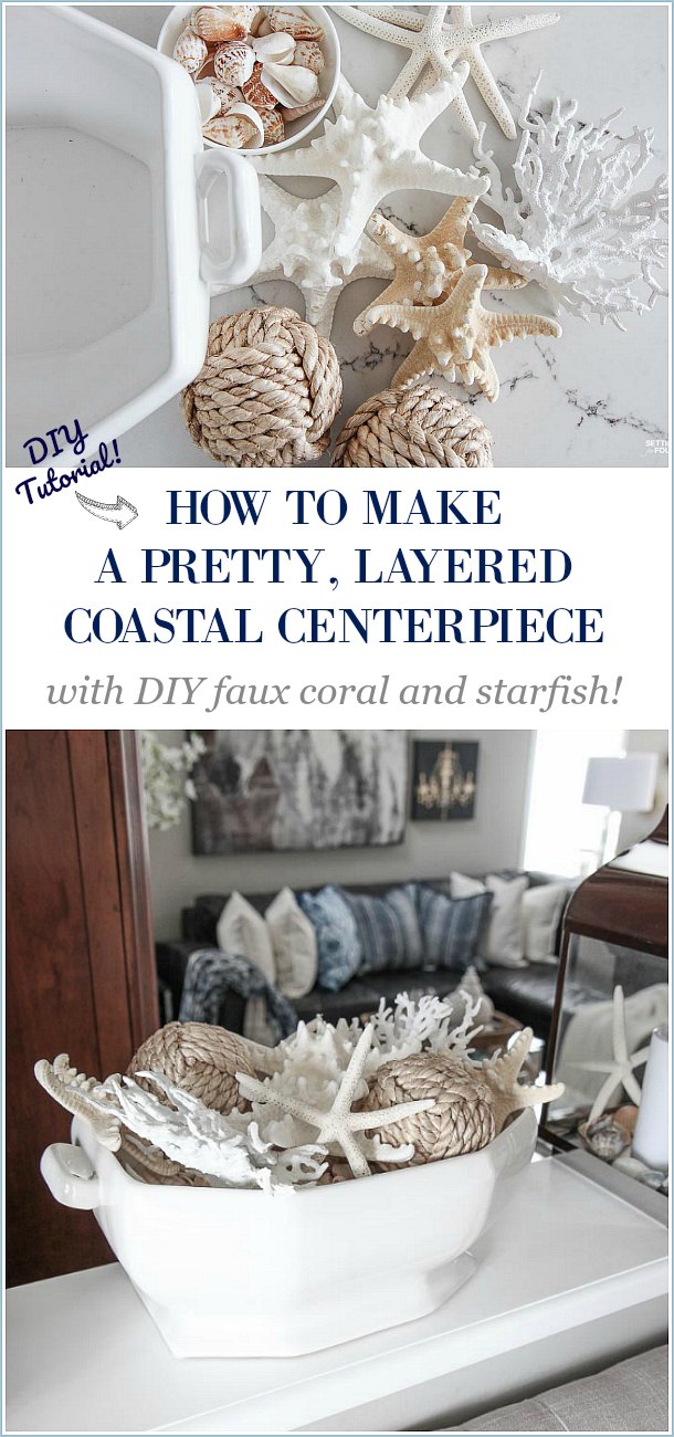 Learn how to make a Pretty Faux Coral & Starfish Coastal Summer Centerpiece that's quick and easy to put together! This Pottery Barn inspired centerpiece is the perfect table top, coffee table and bookshelf decor to update your home for summer and for fun events like parties and weddings. If you love coastal decor and collect shells you'll love this beautiful sea inspired arrangement!