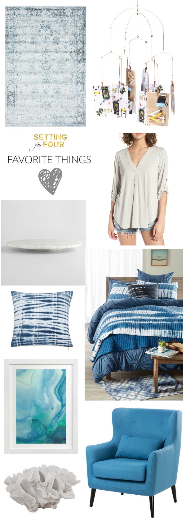 See my latest favorite things and style ideas to freshen up your home decor and closet with the color blue, coastal looks, marble, abstract art, coral objects, flowy tops, photo mobile and shibori prints!