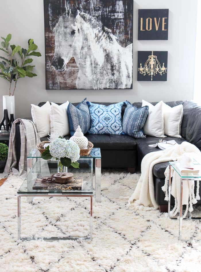 Looking for summer decorating ideas? Love blue? See this shades of summer home tour and decorating tips to update your home. See the stylish and sophisticated indigo blue, black and gray color scheme used in this living room and entire home!