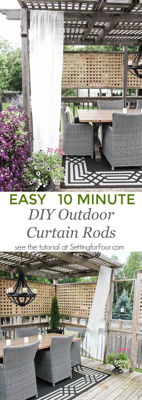 Learn how to make and hang these easy DIY outdoor curtain rods in just 10 minutes! Simple tutorial and supply list included. Bonus: these outdoor bamboo curtain rods won't rust or rot! Hang outdoor drapes in a jiffy with this clever outdoor curtain rod hack to decorate your gazebo or porch. Turn your home's exterior into a breezy, beautiful oasis!