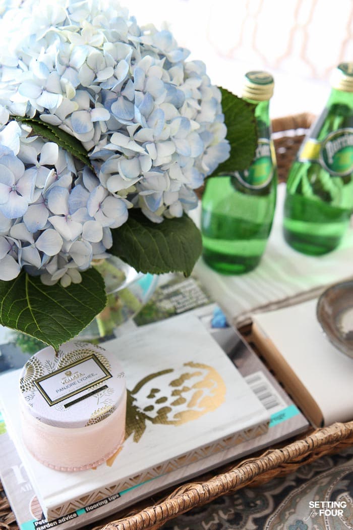 How To Decorate A Tray For A Coffee Table or Bedroom. decor ideas for a serving tray, display, decorate, hydrangeas, flowers, books, bedroom, breakfast in bed, guest room, elegant, 