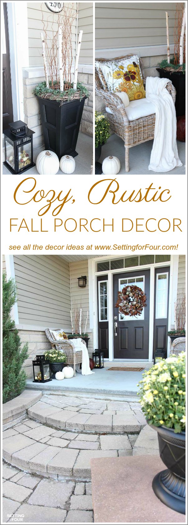 Looking for new ideas to decorate your front porch for Fall? Come see my COZY RUSTIC FALL PORCH Decor with lots of DIY home decor ideas to add beautiful curb appeal to your home! Easy fall decorating ideas for using pumpkin decorations, fall planters, mums, fall wreath, lanterns and more. See all the porch decorating tips!