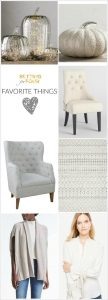 See my Home Decor, Furniture and Fashion Favorites for FALL!! I'm also sharing BIG SALE and SHOPPING COUPON CODES to save money! Add some coziness to your home and closet for autumn. Beautiful Pumpkins, tufted chairs, gray rug, gray cardigan, bow tie sleeve blouse.