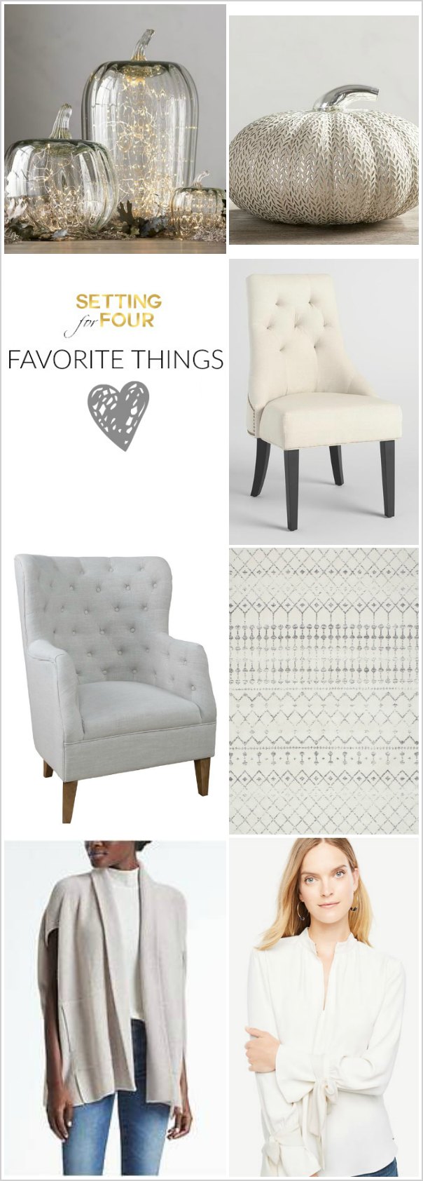 See my Home Decor, Furniture and Fashion Favorites for FALL!! I'm also sharing BIG WEEKEND SALES and SHOPPING COUPON CODES to save money! Add some coziness to your home and closet for autumn. Beautiful Pumpkins, tufted chairs, gray rug, gray cardigan, bow tie sleeve blouse.