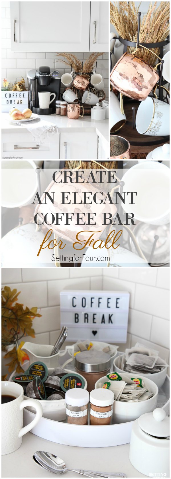 How to create an elegant kitchen coffee bar for Fall that's perfect for family as well as entertaining friends and guests! See all the details: This countertop coffee station decorated with fall foliage is a pretty way to display your coffee pot, mugs, coffees, coffee flavorings and teas!