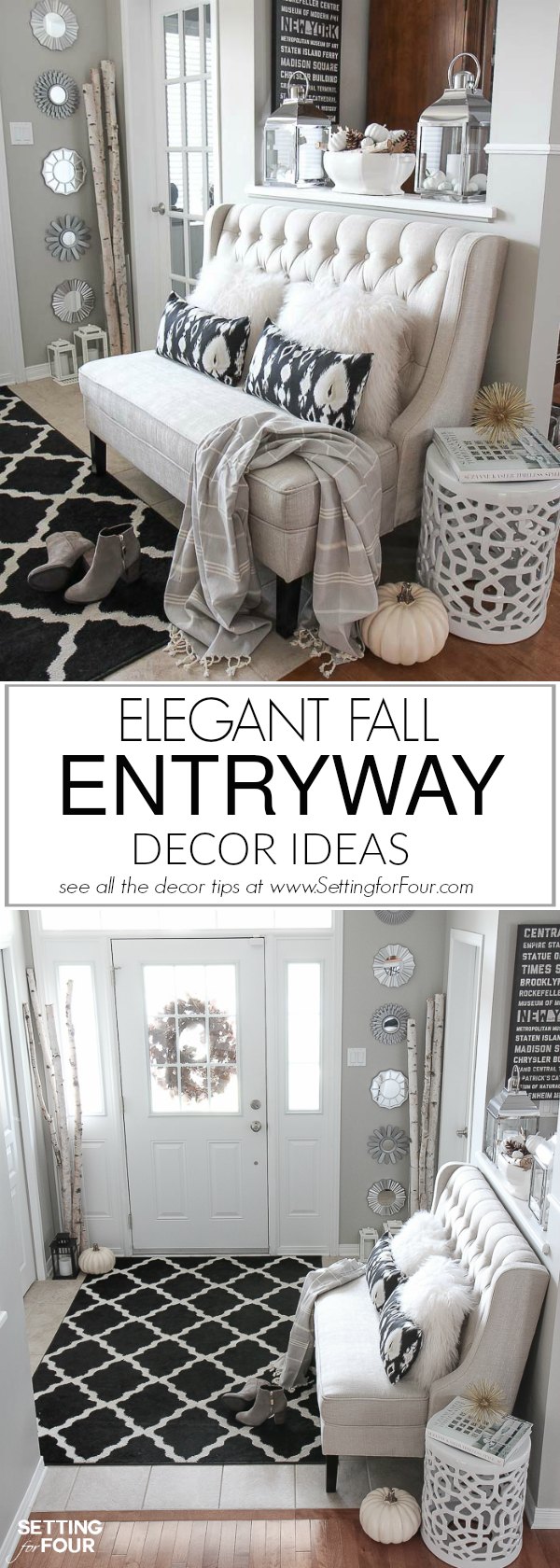 See my Elegant Fall Entryway Decor Ideas to add warmth and texture to your home for autumn! Don't miss any of my Fall neutral foyer decorating tips including ideas for the perfect stain resistant entryway area rug, a stylish settee for seating, cozy pillows, lantern filler ideas, birch and pinecone accent decor and more to create an entryway you and your family will love! All of the furniture and decor items are linked up in the post so you can copy the look in your home!