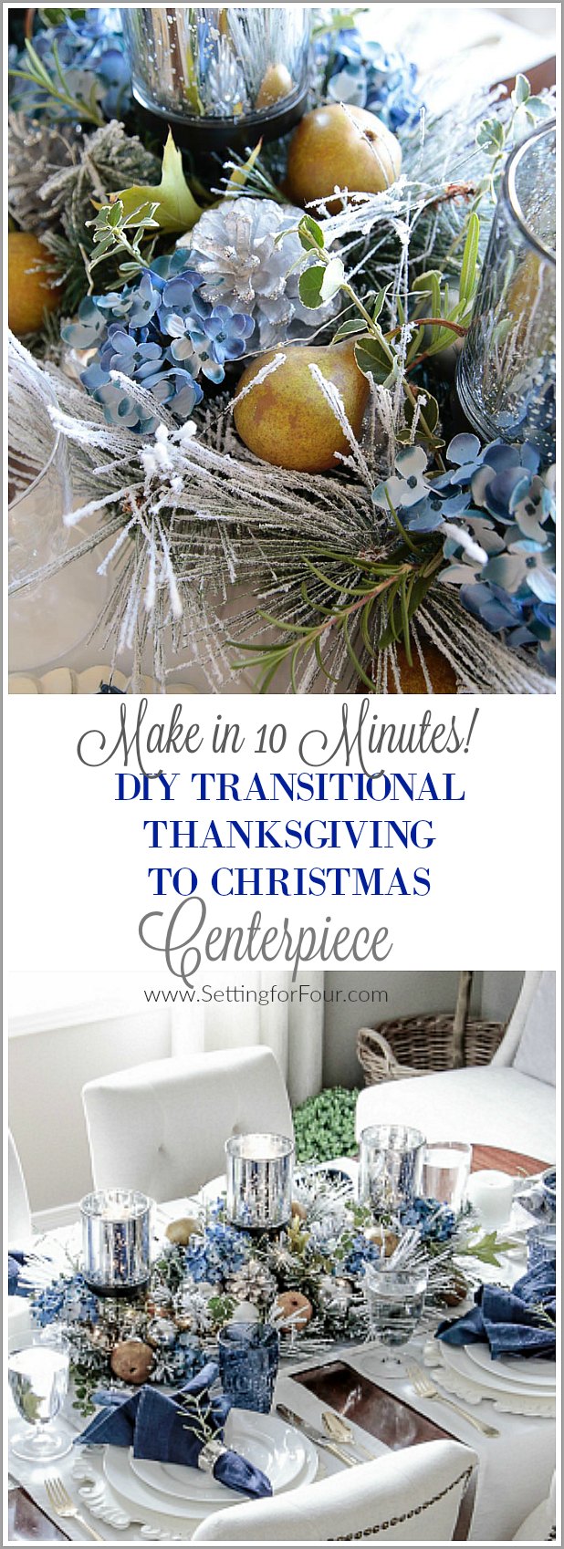 This quick and easy transitional Thanksgiving to Christmas DIY Centerpiece only takes 10 minutes to make! This is such an elegant DIY decor idea  - perfect for the Thanksgiving table that you can leave out until Christmas! Includes a FREE printable checklist of mix and match supply ideas so you can create your very own centerpiece that's unique to you! This also makes a stunning hostess gift too!