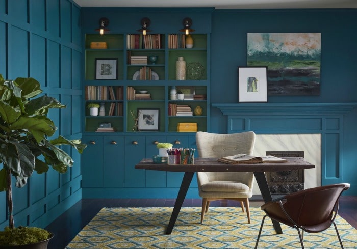 For your home: Looking for a paint color to paint your next room? See why I love Oceanside 6496, a beautiful blue color- Sherwin Williams Color Of The Year 2018 and see how it looks in real rooms like this home office!