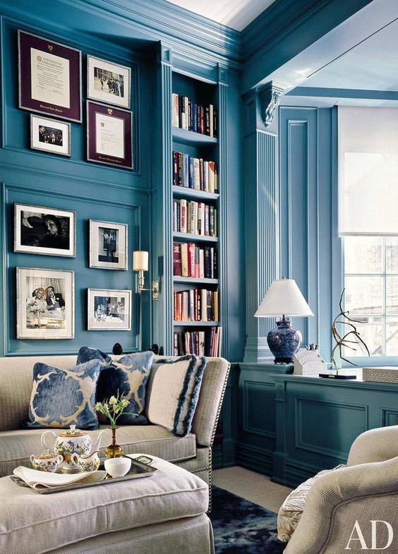 Blue monochromatic color scheme for a living room. Learn how to create this look! #color #livingroom #colorscheme #blue #design