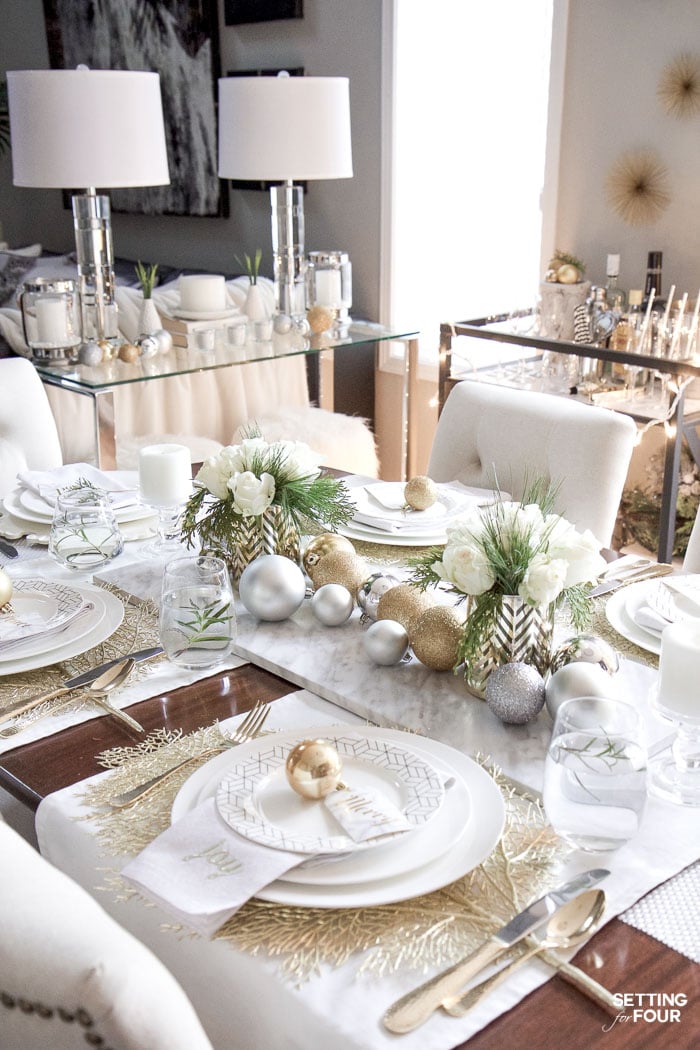 Elegant Gold And White Christmas Tablescape  Setting for Four