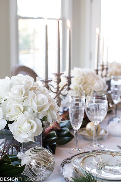 Love this! See how to create this beautiful Christmas Tablescape with White Roses Centerpieces! Easy DIY entertaining idea for the home.