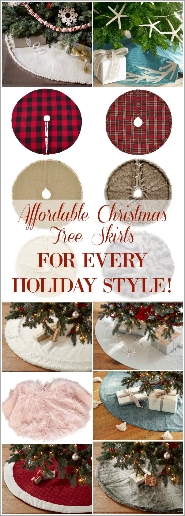 See these affordable and stylish Christmas Tree Skirts to decorate every style of Christmas Tree! Includes farmhouse, plaid, buffalo check, glam, faux fur, coastal, beaded, pompom, tassel, burlap and trendy blush pink styles!