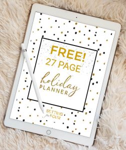 Take the stress out of the holidays, get organized and STAY SANE with this FREE Holiday Planner Pack that includes 27 Free Printable Pages to plan Christmas! You won't forget a thing this holiday and you'll love the CHIC gold, black and white sparkly design! Includes FREE printable checklists & tracking sheets for gift lists, menus, places to be and calendars too! #free #holiday #christmas #planner #printable #organization