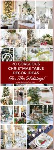 Add festive flair to your holiday table with these 20 Gorgeous Christmas Table Decor Ideas! See tablescapes with neutral, red, blue and metallic color palettes. Lots of table decorating tips and ideas using natural greenery, ornaments and flowers too! These are perfect table decorating ideas for winter weddings as well!