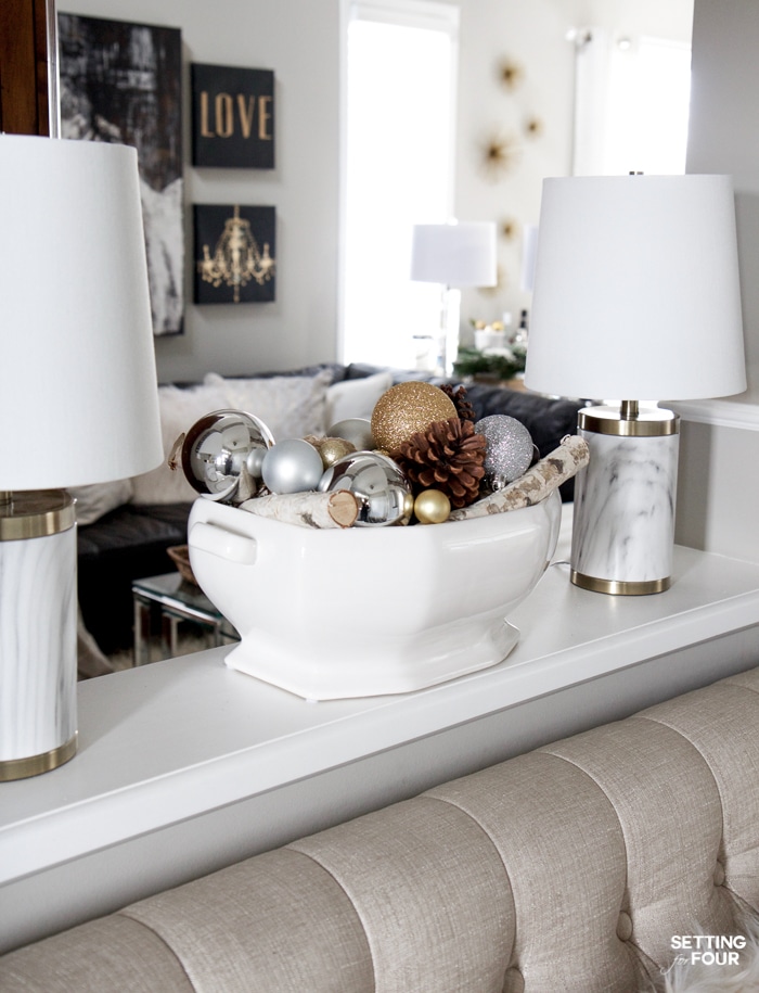 Christmas White and Glam Home Tour - see my holiday home and foyer! Marble and gold lamps and glam Christmas centerpiece.