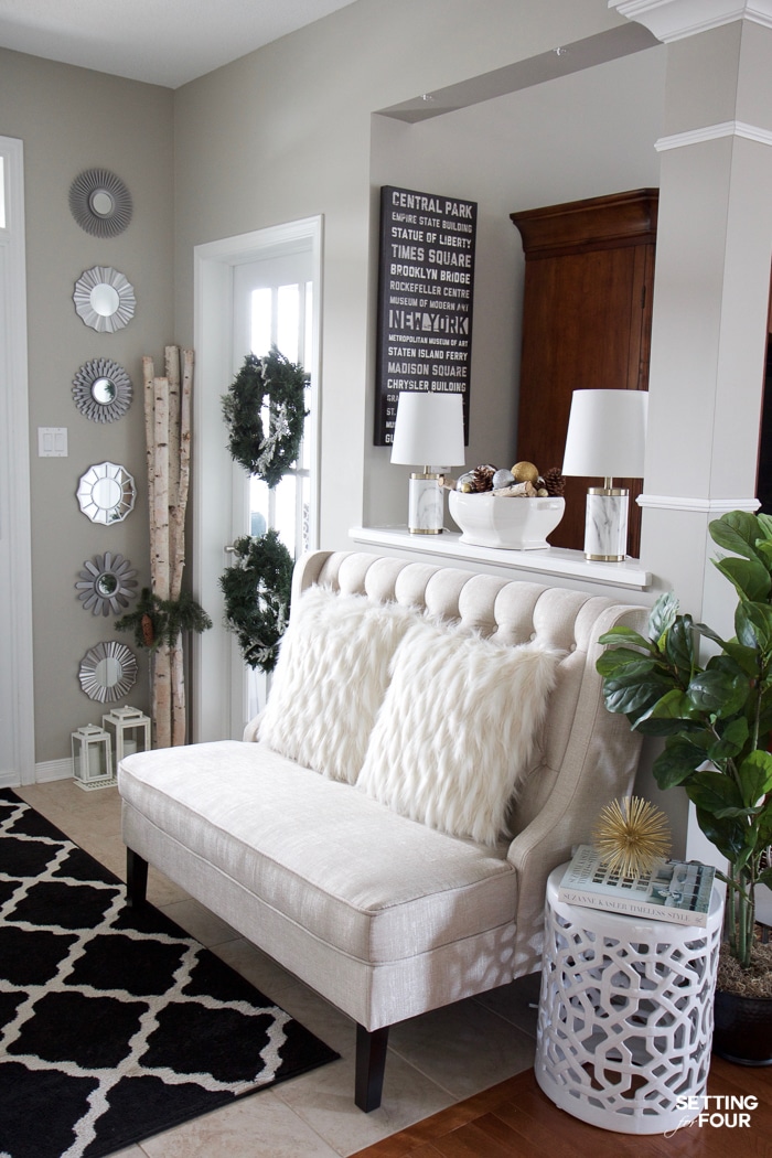 Welcome to my Glam Gold and White Christmas Home Tour! I'm sharing my Christmas front porch, outdoor Christmas urns, foyer, living room and fireplace mantel today along with lots of holiday decorating ideas!  I used lots of white and gold colored decor, metallic finishes and glam textiles. You'll also see 30 Holiday Home Tours too! There is a ton of indoor and outdoor holiday decor inspiration here - don't miss it!