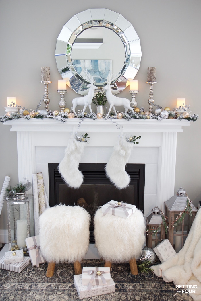 Welcome to my Glam Gold and White Christmas Home Tour! I'm sharing my Christmas front porch, foyer, living room and fireplace mantel today along with lots of holiday decorating ideas!  I used lots of white and gold colored decor, metallic finishes and glam textiles. You'll also see 30 Holiday Home Tours too! There is a ton of indoor and outdoor holiday decor inspiration here - don't miss it!