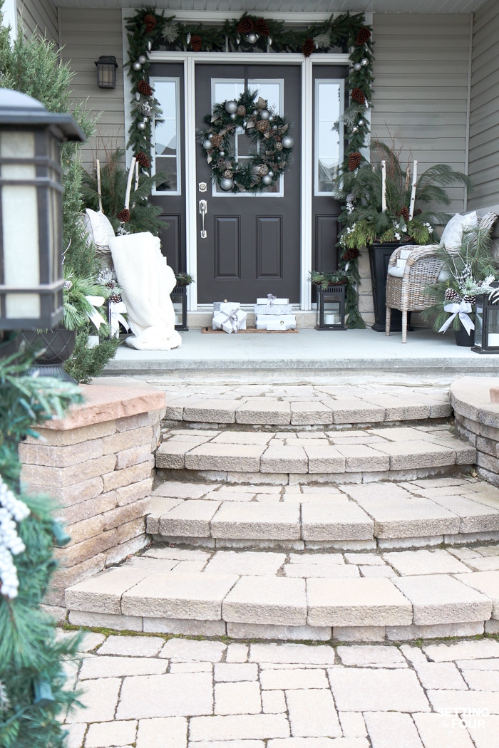 Welcome to my Glam Gold and White Christmas Home Tour! I'm sharing my Christmas front porch, foyer, living room and fireplace mantel today along with lots of holiday decorating ideas!  I used lots of white and gold colored decor, metallic finishes and glam textiles. You'll also see 30 Holiday Home Tours too! There is a ton of indoor and outdoor holiday decor inspiration here - don't miss it!