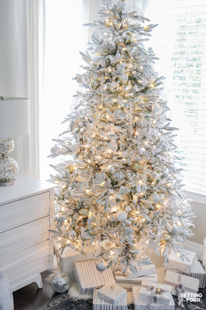 Inspiring Christmas Decorating Ideas: See my Flocked White Christmas Tree - White and Gold Glam Style! See 25 design bloggers tree in this amazing holiday blog tour!