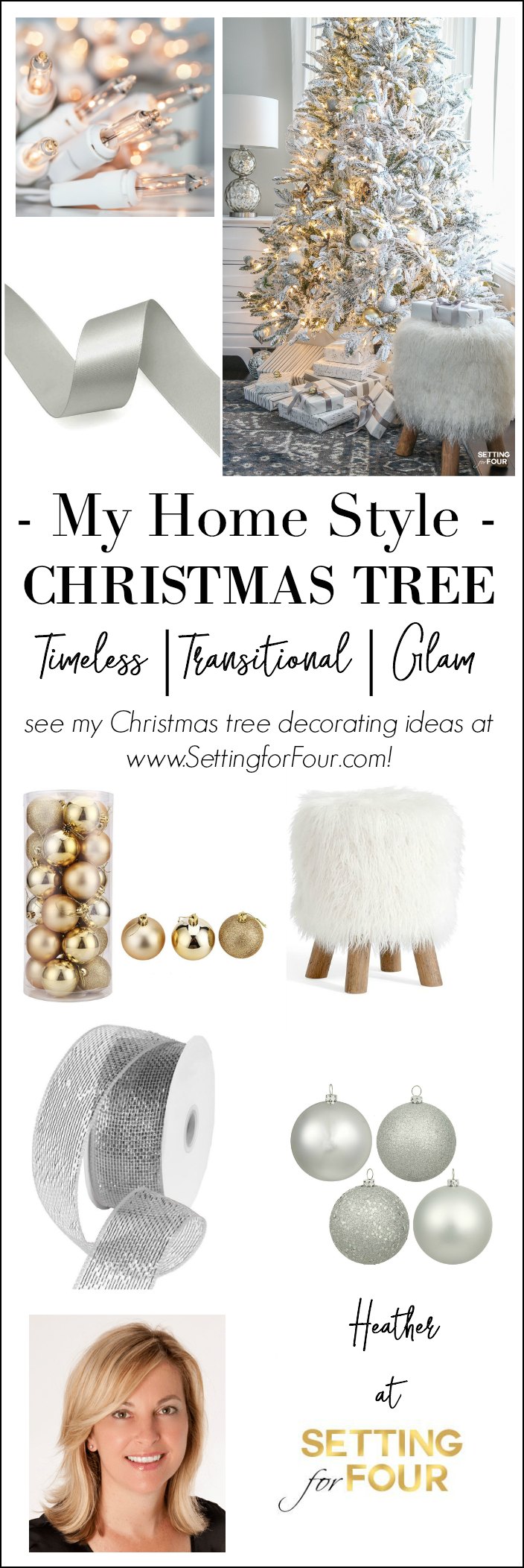 Looking for Christmas tree decorating inspiration? See my ELEGANT FLOCKED CHRISTMAS TREE - WHITE AND GOLD GLAM STYLE! I show you how I use mesh ribbon, beautiful white and gold christmas balls, icicle ornaments and sparkly owls to decorate a traditional christmas tree with a glam, timeless, transitional style.