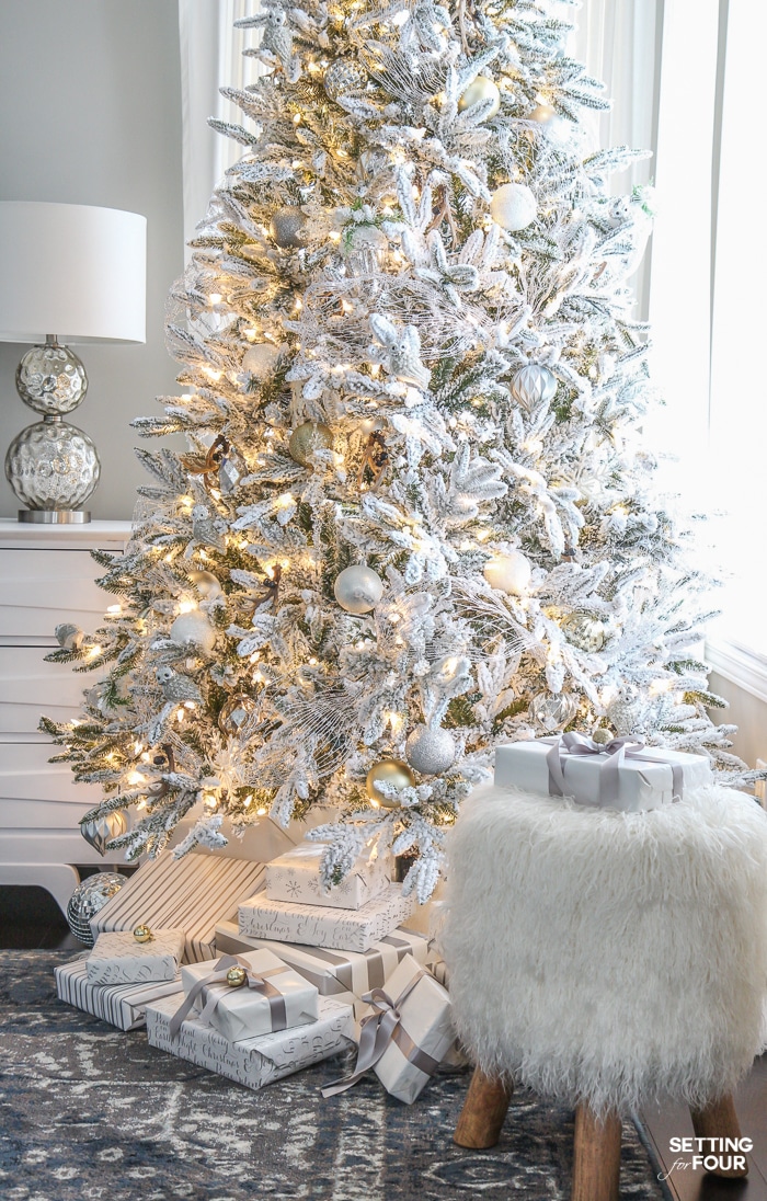 Inspiring Christmas Decorating Ideas: See my Flocked Christmas Tree - White and Gold Glam Style! See 25 design bloggers tree in this amazing holiday blog tour!