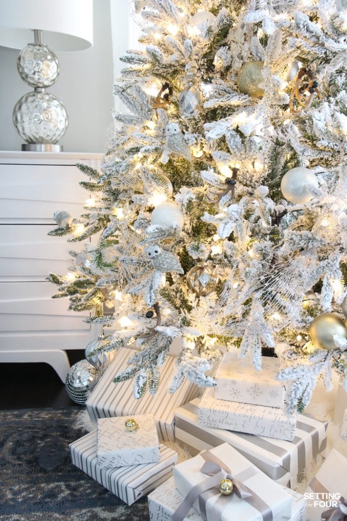 Flocked Christmas Tree White and Gold Glam Style Setting For Four