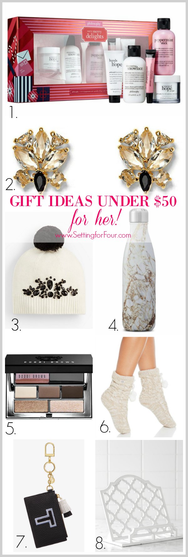 Gift giving doesn't have to break the bank! Take a look at these AMAZING gift ideas under 50 $ that will be sure to please her! Fashion, Beauty and Home Decor Ideas that you'll love to give! For Mom, Wife, Sister, Aunt, Grandmother, Niece, Girlfriend, Teacher, Neighbor.