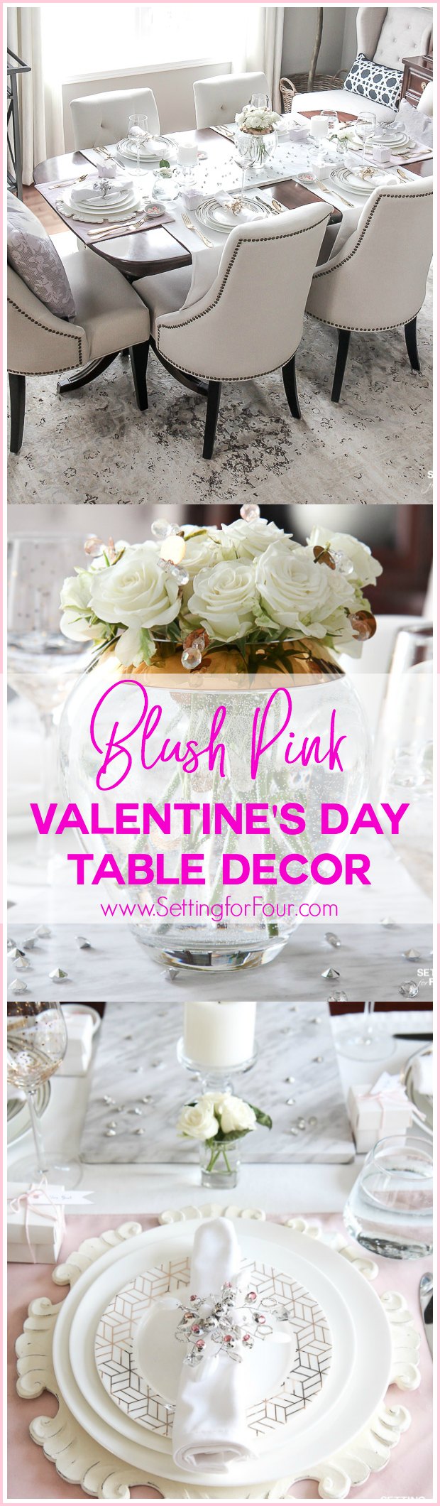 Blush Pink Valentines Day Table Decorations: Want to decorate your table for Valentine's Day but not sure where to start or you want to try something new? Take a look at this lovely Blush Pink Valentine’s Day Table Decor! Read this step by step diy decor lesson - you’ll learn how to set and decorate a lovely blush pink table for a dinner party or party of two, so you can copy it in your home! Celebrate Valentine’s Day with these lovely entertaining tips including ideas for dish ware, flatware, glassware, a pretty rose centerpiece idea, and fun Valentines Day take-home gift ideas for your guests! These table decor ideas would also be perfect 