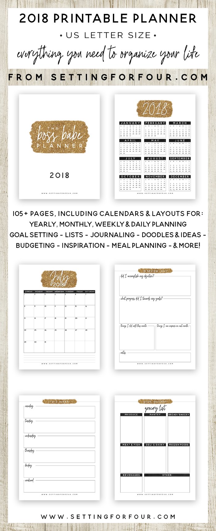 Take the stress out of your crazy schedule, get organized and STAY SANE with this Boss Babe Printable Planner Pack that includes 106 Printable Pages to plan your ENTIRE YEAR! You’ll love the CHIC gold, white and black sparkly design! Includes printable checklists, tracking sheets, to do lists, places to be and calendars too! #planner #printable #organization #2018