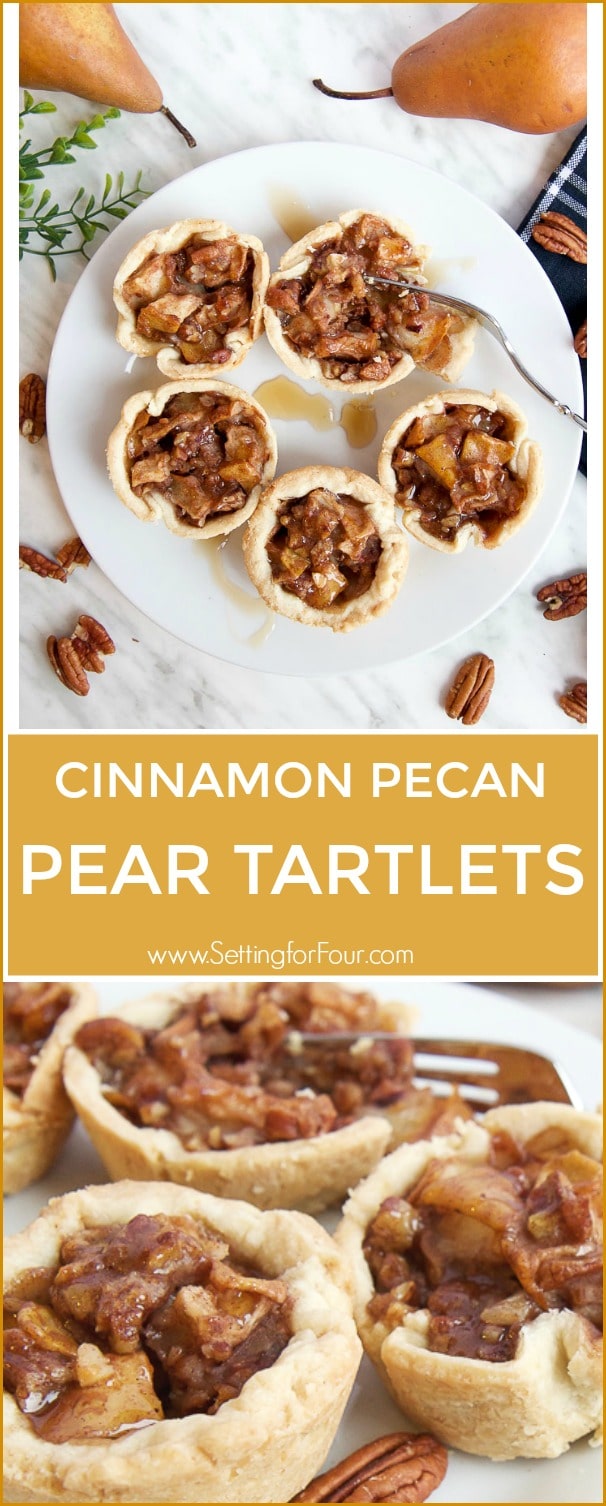 Make this quick and easy Cinnamon Pecan Pear Tartlets recipe with delicious maple syrup, ready to bake in just 20 minutes! Add yummy maple cream to these miniature pies as a topping. NO handmade pie crust required: This recipe turns store bought pie crust into these beautiful ruffled tartlets for easy baking!