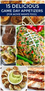 See these 15 Delicious Game Day Appetizers (perfect for movie night too!) Football and comfort food go hand in hand and these 15 yummy recipes will be sure to please your family and friends! For a large party, tailgating or any time. Includes dips, cheese balls, quesadillas, meatballs and other appetizer recipes.