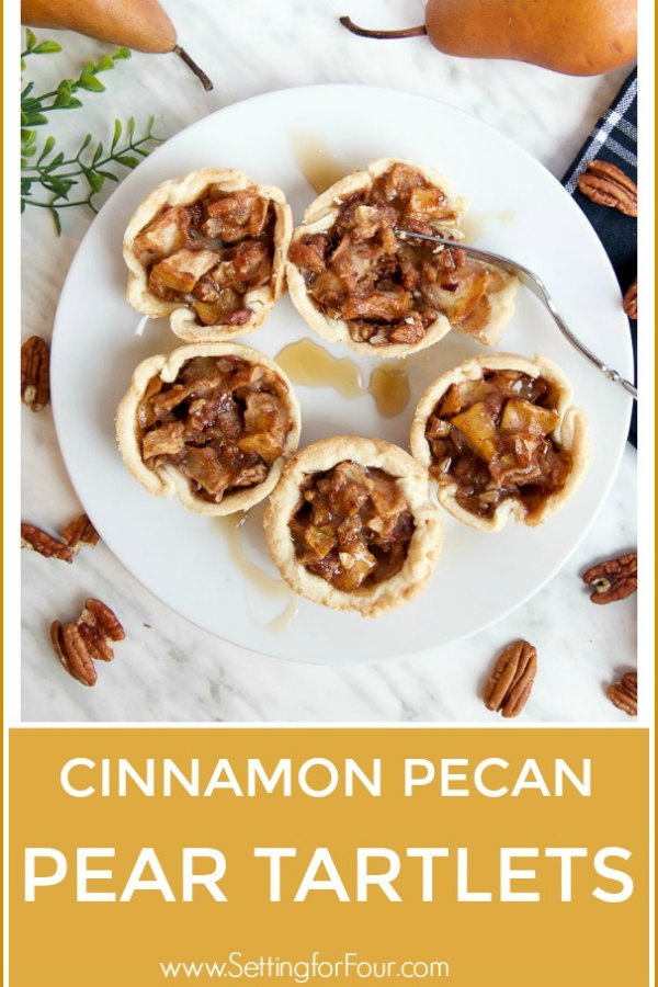 Make this quick and easy Cinnamon Pecan Pear Tartlets recipe with delicious maple syrup, ready to bake in just 20 minutes! Add yummy maple cream to these miniature pies as a topping. NO handmade pie crust required: This recipe turns store bought pie crust into these beautiful ruffled tartlets for easy baking!