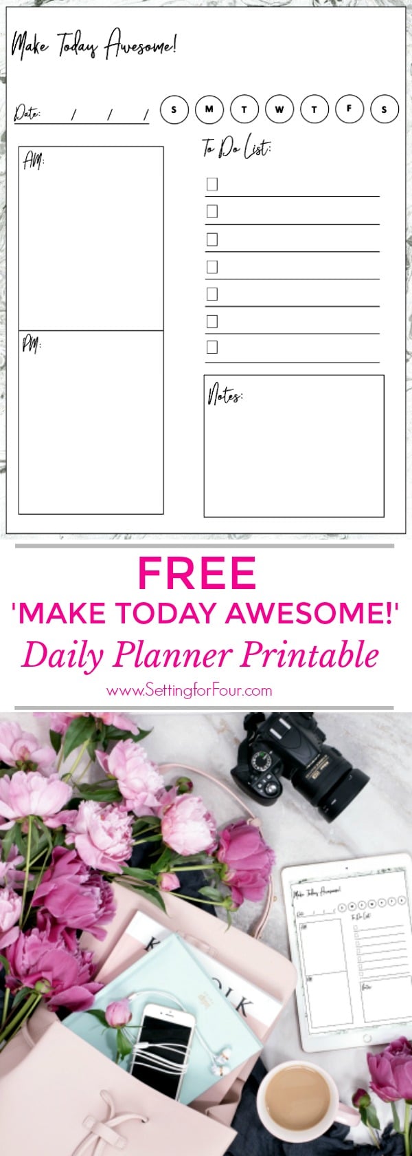 Get your  'MAKE TODAY AWESOME!' FREE DAILY PLANNER PRINTABLE to organize and plan each day of the year!! Simple and straightforward, this one-page printable daily planner page makes it easy and fun to plan out your day! This daily planner is for adults, teens and kids! 