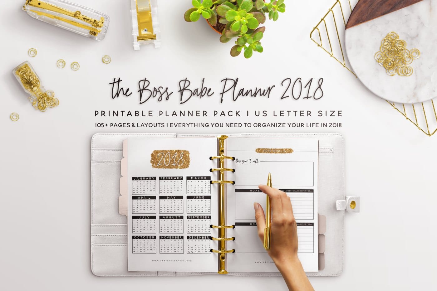 Take the stress out of your crazy schedule, get organized and STAY SANE with this Boss Babe Printable Planner Pack that includes 106 Printable Pages to plan your ENTIRE YEAR! You’ll love the CHIC gold, white and black sparkly design! Includes printable checklists, tracking sheets, to do lists, places to be and calendars too! #planner #printable #organization #2018