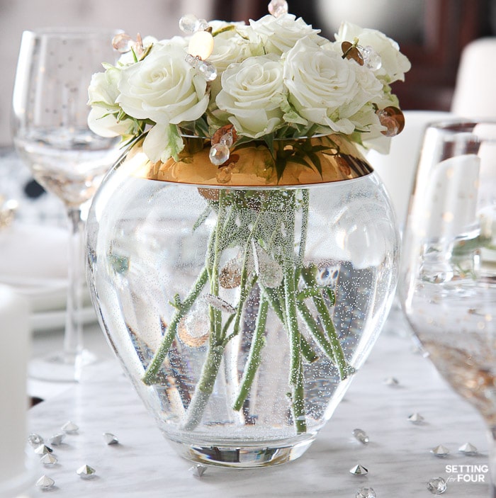 White Roses and a pink jeweled spray make a beautiful and elegant Valentine's Day Centerpiece! See how to make it!