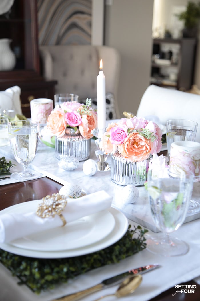 Faux floral centerpieces with peonies and roses. DIY home decor and Easter dinner entertaining ideas.